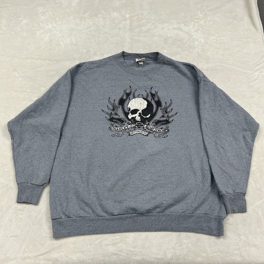 Harley Davidson Sweatshirt Mens XL Gray Skull Flames North Country Maine Top